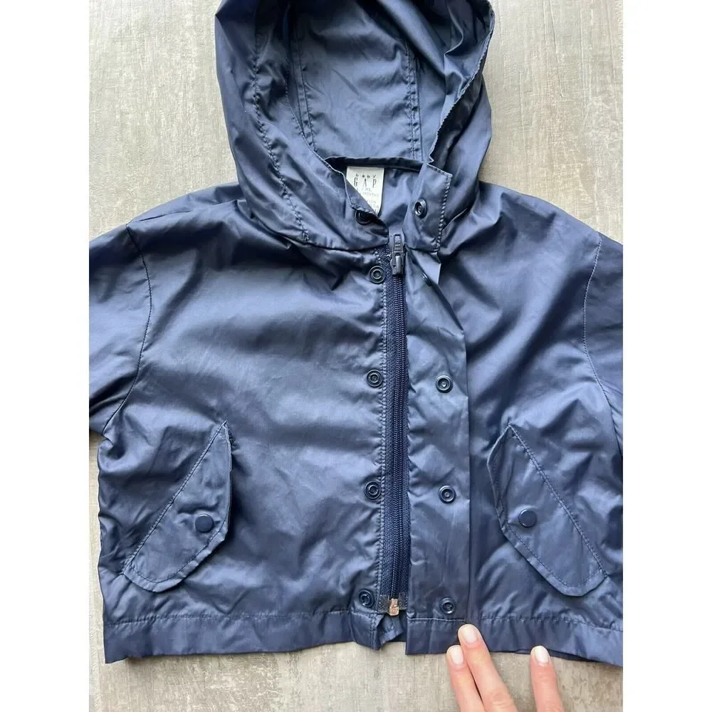 BABY GAP Navy Blue Lightweight Rain Jacket Hooded Package w/ Travel Pouch 12-24M